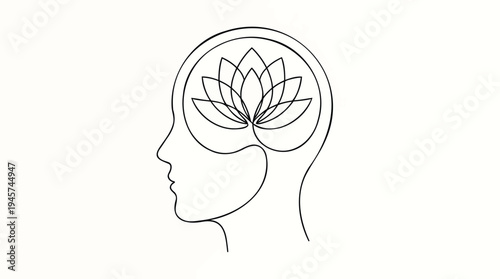 Continuous line drawing depicting a serene human mind with a lotus flower, representing mindfulness and inner harmony