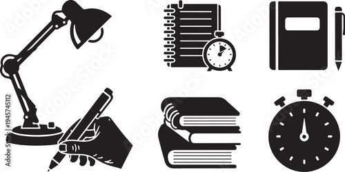 Black and white icons of school and office supplies