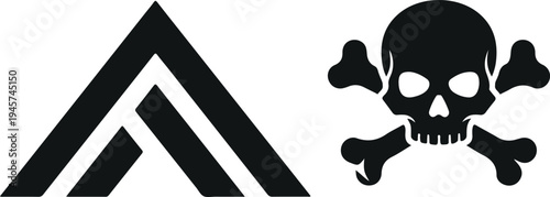 Danger warning skull and crossbones symbol with hazard arrow sign silhouettes, toxic risk safety icon vector illustration isolated