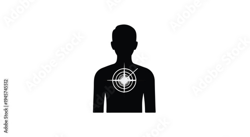 Human body silhouette highlighting specific chest discomfort or medical target location