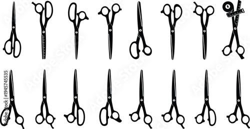 Scissor silhouettes, cutting tools, tailoring equipment, craft design, hairdressing shears, precision blades, sewing accessories, black icons, creative illustration, professional scissors