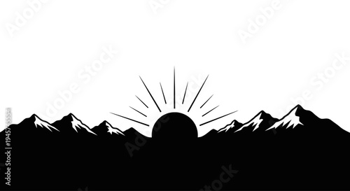 Sunrise Over Majestic Mountain Range Silhouette, Dawn Sky Rays, Nature Landscape