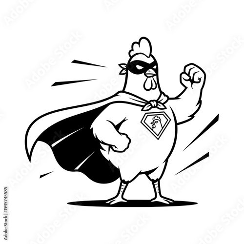 Superhero Chicken with Cape and Mask, Flying Pose, Cartoon Style