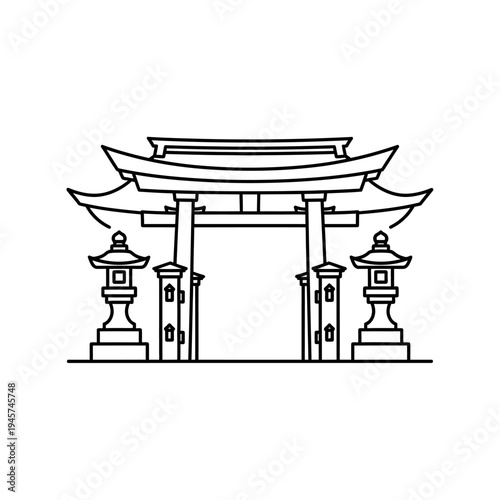 Traditional Japanese Torii Gate and Lanterns Outline Icon