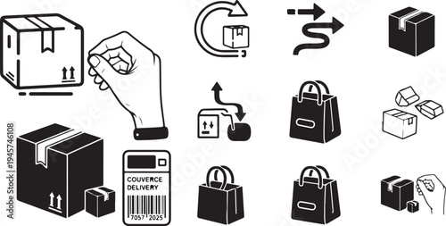 Various icons of packages and shopping bags in black