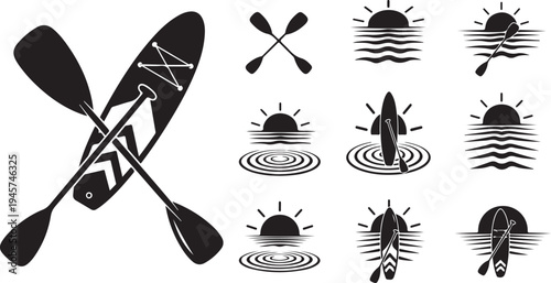 Kayaking Paddle and Water Sun Silhouette Icon Set Graphic Design