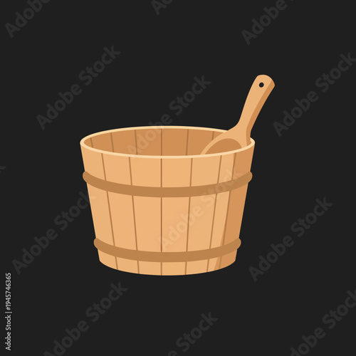 Light Brown Wooden Bucket with Ladle.