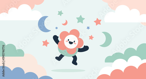 Cute Flower Character Dancing with Moon and Stars: Whimsical Illustration