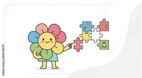 Cute Flower Character Assembling Puzzle Pieces with Icons