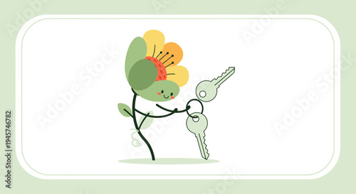 Cute flower character holding keys, spring bloom illustration, home concept