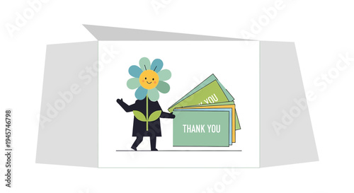 Cute Flower Character Holding "Thank You" Cards, Cartoon Illustration