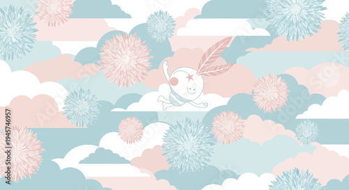 Cute character flying through pastel clouds among fluffy flowers, seamless pattern