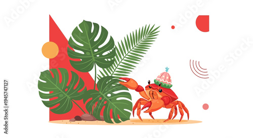 Cute Crab Wearing Hat with Tropical Leaves - Whimsical Illustration