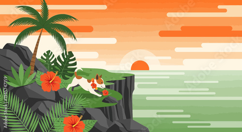 Cute dog on a tropical cliff at sunset, ocean view, palm tree, hibiscus flowers