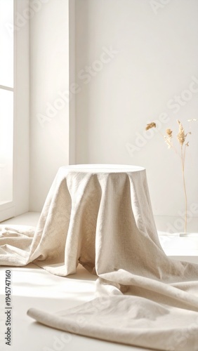 Minimalist Scene With draped Fabric and Dried Plant in Soft Sunlight