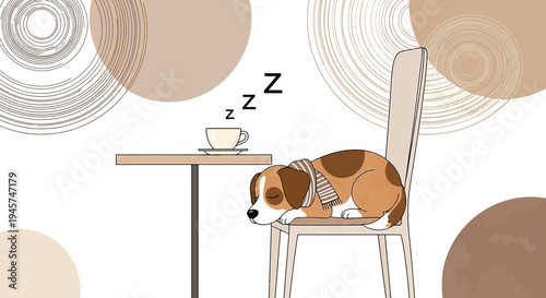 Cute Dog Sleeping on Chair Next to Coffee Table, Cozy Cafe Scene