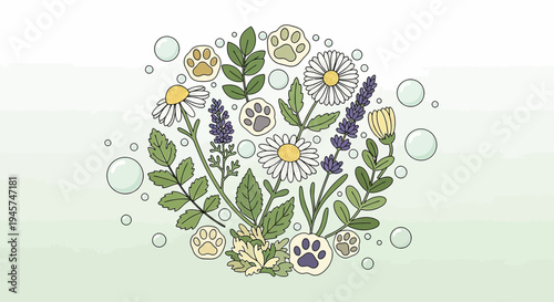 Cute Dog Paw Prints and Flowers Circle Illustration