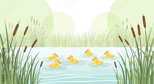 Cute Ducklings Swimming in a Pond Surrounded by Reeds and Tall Grass