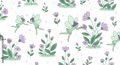 Cute Fairies Dancing in a Garden - Whimsical Floral Pattern Seamless Background
