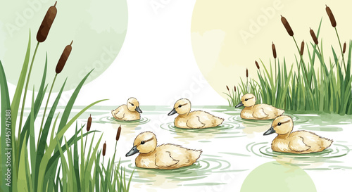Cute Ducklings Swimming in Pond with Reeds - Watercolor Illustration