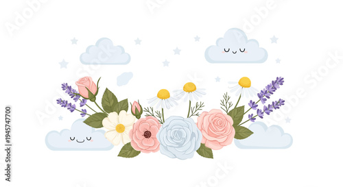 Cute Floral Arrangement with Clouds and Stars - Spring Garden Illustration