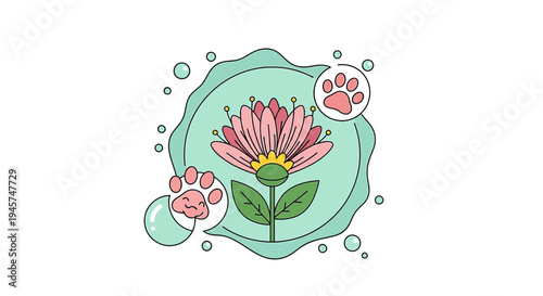 Cute Floral Illustration with Paw Prints, Pink Flower with Green Leaves, Pastel Bubbles