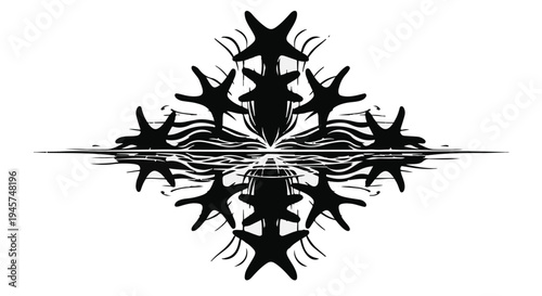 Symmetrical abstract graphic features multiple jagged, tentacled black star shapes creating a dark, complex, radiating mandala pattern on a white canvas.