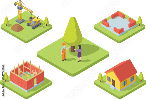 Isometric house building process concept, construction stages with workers crane foundation framing and finished home vector illustration set