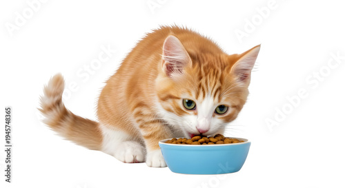 Orange and White Tabby Kitten Eating Dry Food from Blue Bowl isolated PNG with Transparent Background