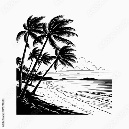Tropical Beach Scene with Palm Trees and Ocean Waves in Black and White