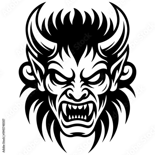 A black and white image of a devil's face