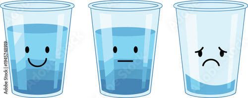 Water level emotion concept illustration, happy neutral sad glasses showing hydration levels, dehydration awareness health vector design set