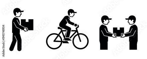 Delivery personnel transporting packages in various ways