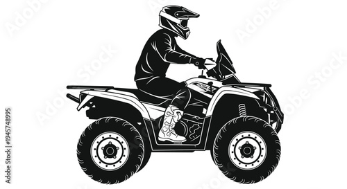 ATV rider silhouette, off road vehicle, extreme sport, outdoor adventure, protective gear, helmet, rugged tires, motocross style, recreational design, illustration
