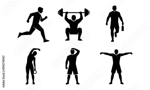 Silhouette of people performing various exercises and fitness activities