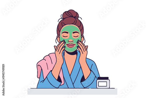 Woman Applying Green Facial Mask for Skincare and Beauty Treatment