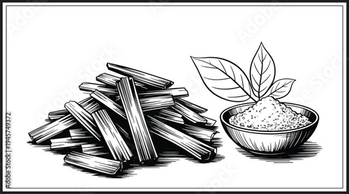 Licorice root sticks and herbal powder, natural medicine ingredient illustration, traditional herbal remedy concept, botanical vector drawing isolated