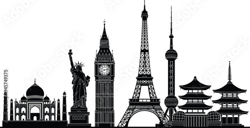 World famous landmarks skyline silhouette, global travel monuments collection with Eiffel Tower Big Ben Taj Mahal Statue of Liberty, tourism architecture vector illustration