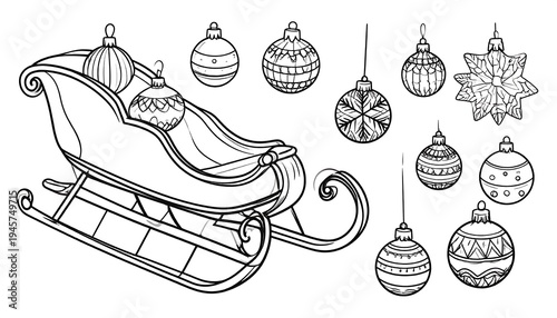 Christmas Sleigh and Ornaments - Festive Holiday Decorations.