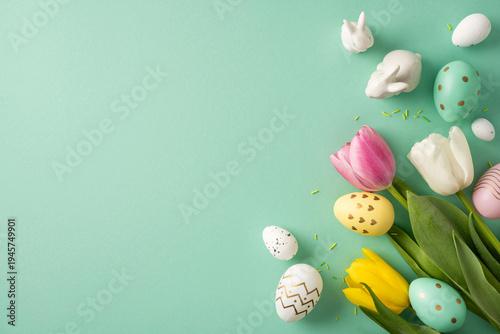 Happy Easter styled composition featuring decorated eggs, pink and yellow tulip flowers, ceramic bunny figures and pastel confetti on a mint background