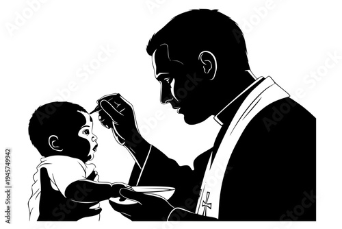 Priest Anointing Baby with Holy Oil Chrism Sacrament of Baptism Religious Ritual Black Vector Silhouette