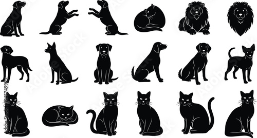 Animal silhouettes, dogs, cats, lions, pet poses, wildlife shapes, domestic animals, feline figures, canine stances, predator outlines, artistic collection, design