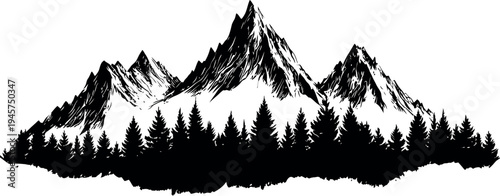 High Contrast Mountain Range and Pine Forest Silhouette Vector Art for Outdoor Adventure Design