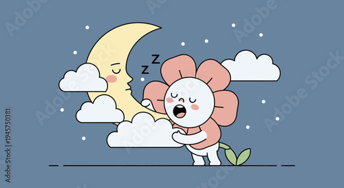 Cute Flower Character Sleeping with Moon and Clouds