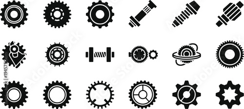 Collection of diverse mechanical gears and components in black and white silhouette style