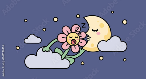 Cute flower sleeping on moon illustration in night sky with clouds