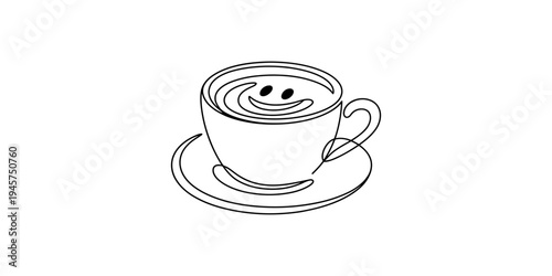 A single continuous line drawing of a coffee cup with a smiley face latte art design on a saucer Vector, illustration