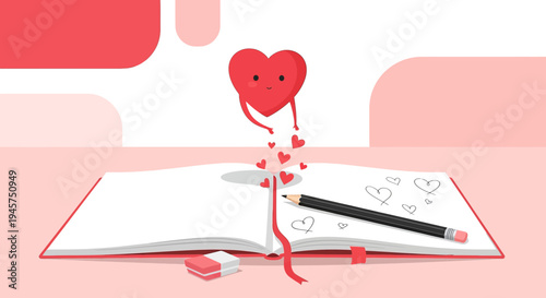 Cute Heart Character Drawing Hearts in Open Notebook with Pencil and Eraser