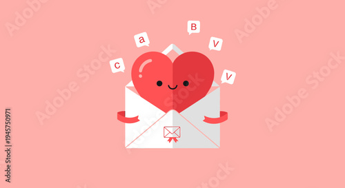 Cute Heart Character Emerging From Envelope with Letters, Love Letter Concept