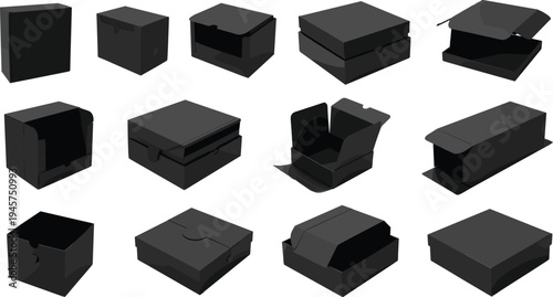 Black carton packaging box designs collection, foldable cardboard containers, product presentation mockup, retail packaging templates, modern packaging structures, versatile boxes